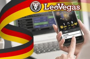 Il logo di LeoVegas, la bandiera tedesca e una ragazza con uno smartphone