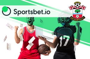 I loghi di Sportsbet.io, Southampton e sportivi in azione