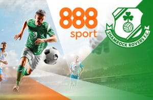 I loghi di 888sport e Shamrock Rovers e un calciatore in azione