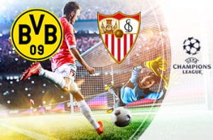 Il logo del Borussia Dortmund, il logo del Siviglia, il logo della Champions league e un calciatore con un pallone