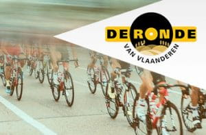 Il logo del Giro delle Fiandre e un gruppo di ciclisti in azione