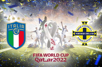 Il logo della nazionale italiana, il logo dei mondiali di Qatar 2022, il logo della nazionale dell’Irlanda del Nord