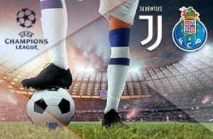Il logo della Juventus, il logo del Porto FC, il logo della Champions league e un calciatore con un pallone