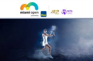 Il logo del Miami Open di tennis, il logo ATP 1000, il logo WTA 1000, una tennista in azione