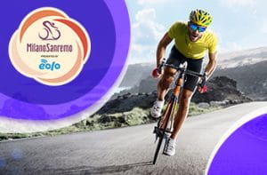 Il logo della Milano-Sanremo 2021 e un ciclista generico in azione