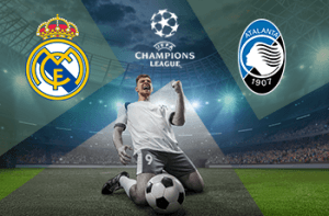 Il logo del Real Madrid, il logo della Champions League, il logo dell'Atalanta, un giocatore di calcio generico che esulta.