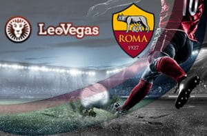 I loghi di LeoVegas, della Roma e un calciatore in azione