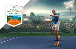 Il logo dell’ATP Master 1000 di Montecarlo e un tennista generico in azione