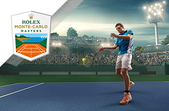 Il logo dell’ATP Master 1000 di Montecarlo e un tennista generico in azione