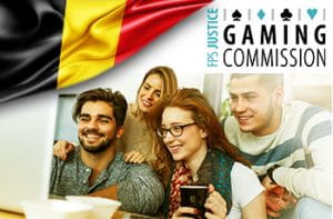 Il logo della Belgian Gaming Commission, la bandiera belga e dei ragazzi davanti a uno schermo