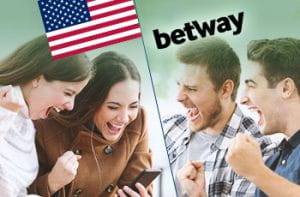Il logo di Betway, la bandiera degli USA e ragazzi e ragazze che piazzano scommesse online
