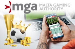 Il logo della Malta Gaming Authority e uno smartphone connesso a un sito scommesse online