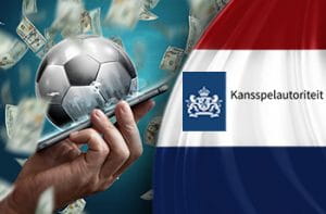 Il logo della Kansspelautoriteit, la bandiera olandese, uno smartphone e un pallone da calcio