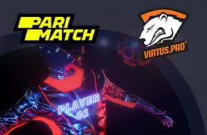 I loghi di Parimatch, Virtus.pro e un giocatore di eSports