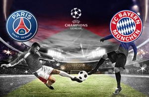 Il logo del PSG, il logo del Bayern Monaco, il logo della Champions League e due calciatori generici in azione
