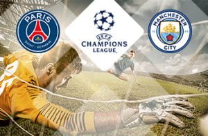 Il logo del Paris Saint-Germain, il logo della Champions League, il logo del Manchester City