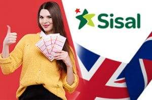 Il logo di Sisal, la bandiera del Regno Unito e una ragazza con delle cartelle della tombola