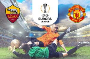 Il logo della Roma, il logo dell’Europa League, il logo del Manchester United