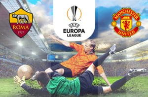 Il logo della Roma, il logo dell’Europa League, il logo del Manchester United