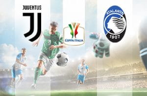Il logo dell’Atalanta, il logo della Coppa Italia, il logo della Juventus, dei calciatori generici in azione.