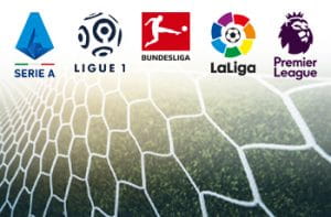 Il logo di Serie A, Premier League, Liga, Bundesliga e Ligue 1 e una rete