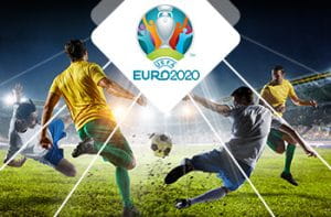Il logo degli Europei di calcio e dei calciatori in azione