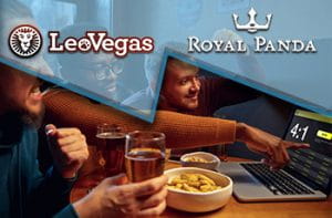 I loghi di LeoVegas e Royal Panda e della gente davanti a un laptop