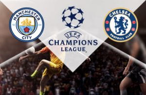 Il logo del Manchester City, il logo della Champions League, il logo del Chelsea