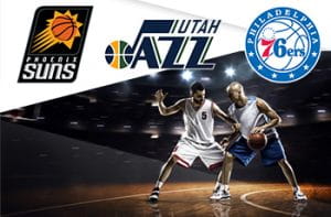 I loghi di Phoenix Suns, Utah Jazz e Philadelphia 76ers e dei giocatori di basket in azione