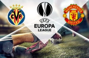 Il logo del Manchester United, il logo della Europa League, il logo del Villareal
