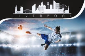 Un calciatore in azione e la stilizzazione dello skyline di Liverpool