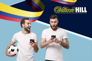 Il logo di William Hill, la bandiera della Colombia e due ragazzi con uno smartphone