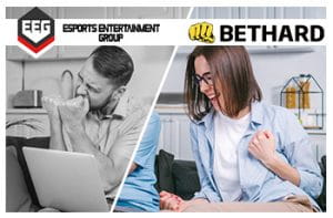 Il logo di Bethard e il logo di Esports Entertainment Group, un ragazzo e una ragazza che esultano davanti ad un computer