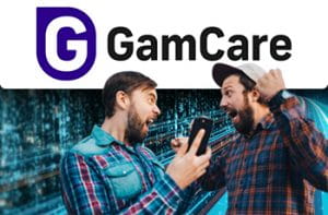 Il logo di GamCare e due ragazzi con uno smartphone
