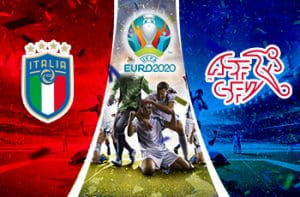 Il logo della nazionale di calcio italiana, il logo di Euro 2020, il logo della nazionale di calcio svizzera, dei calciatori che esultano