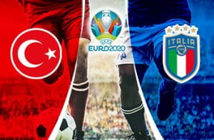 Lo stemma della nazionale turca, il logo di Euro 2020, lo stemma della nazionale italiana