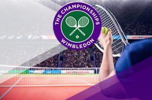 Il logo di Wimbledon 2021 e un tennista in azione