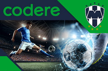 I loghi di codere e dei Monterrey Rayados e un giocatore di calcio in azione