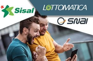 Due ragazzi che esultano con logo Lottomatica, logo Sisal e logo SNAI.