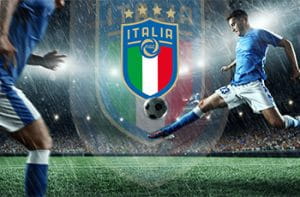 Il logo della Federazione Italiana Giuoco Calcio e un calciatore in azione