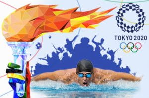 Il logo delle Olimpiadi di Tokyo, la fiamma olimpica, un nuotatore e le sagome di altri atleti in azione
