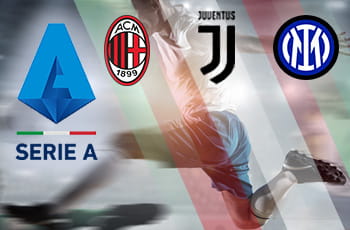 Giocatore in azione con il logo della Seria A, più logo Milan, logo Juventus, logo Inter.
