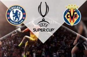 I loghi del Chelsea, del Villareal e della Supercoppa UEFA