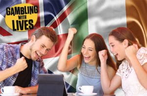 Ragazzi che scommettono, logo di Gambling with Lives, bandiera Uk e bandiera irlandese.