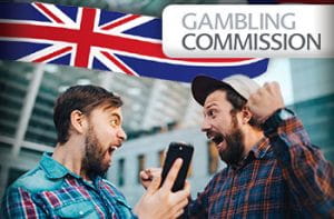 Ragazzi che esultano, bandiera inglese e logo Gambling Commission.