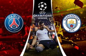 Giocatori che esultano, logo PSG, logo Manchester City, logo Champions League.