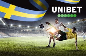 Giocatori di calcio con logo Unibet e bandiera della Svezia.