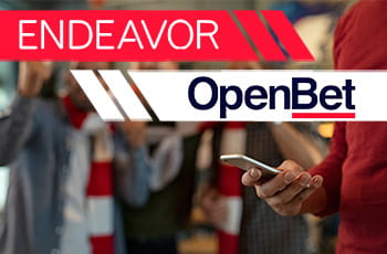 Persona che scommette da mobile, logo di Openbet e logo di Endeavor.