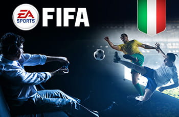 Ragazzo che gioca con un videogioco sul calcio con il logo di FIFA e la bandiera italiana.