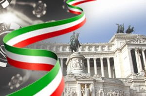 Parlamento italiano con bandiera italiana e fiches casinò.